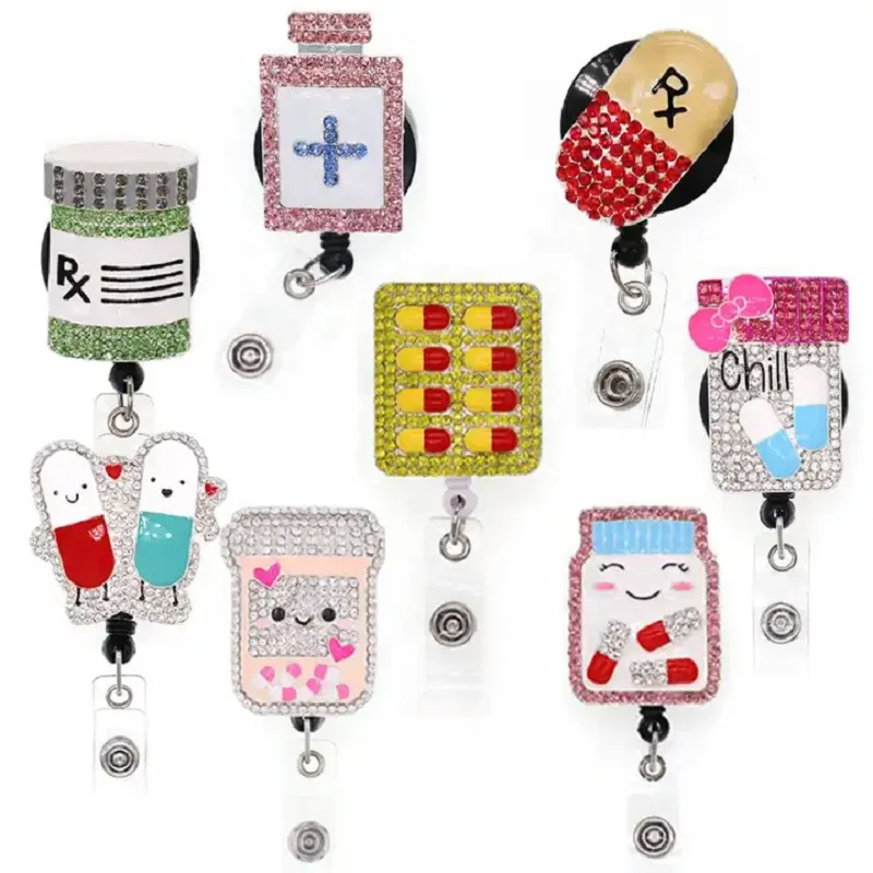 Creative Nurse Accessories medical hospital doctor Gift Rhinestone Pill Bottle ID Retractable. Badge Reel with clip holder