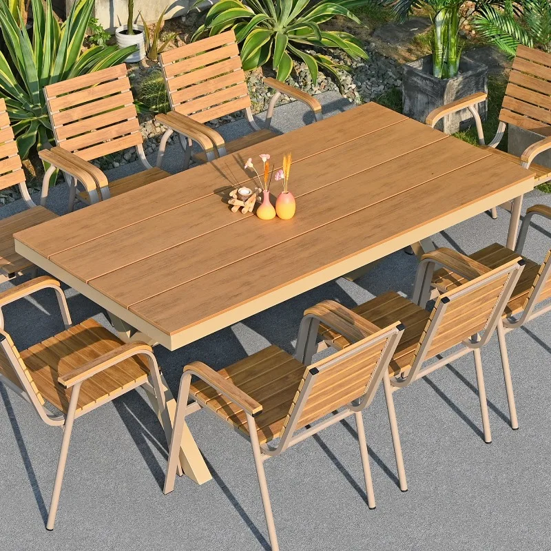 

Plastic wood tables and chairs Outdoor courtyard Outdoor open-air terrace Waterproof and sunscreen Aluminum