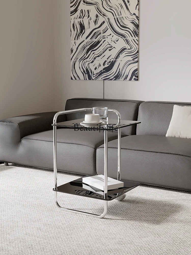 Modern simple glass sofa side few antique double-layer stainless steel small coffee table high-end sense