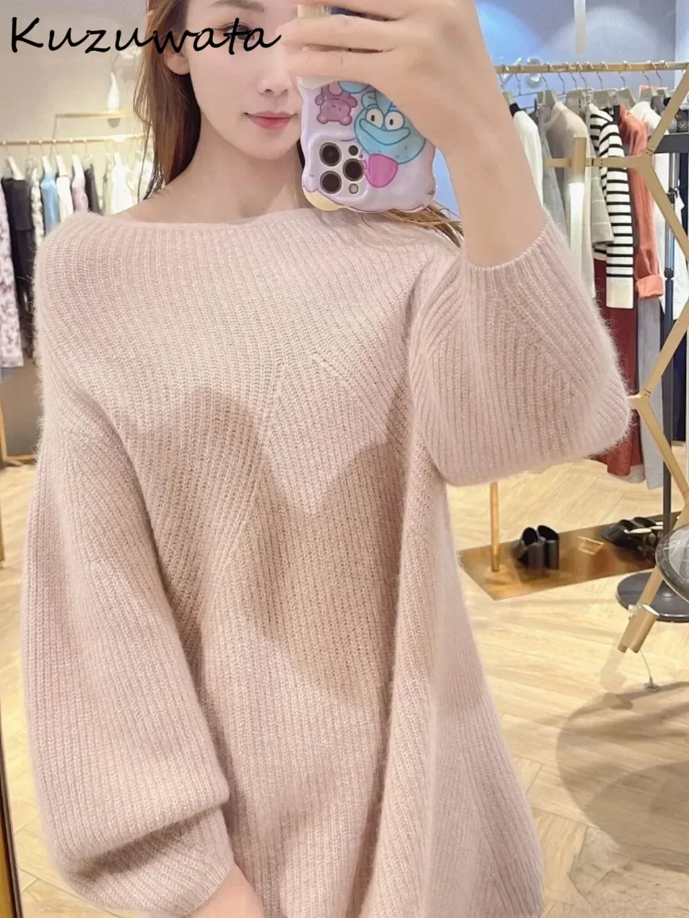 Kuzuwata Slash Neck Lantern Sleeve Elegant Feminine Mujer Solid Knit Wool Loose Off Shoulder Robe Japan Slim Exquisite New Dress