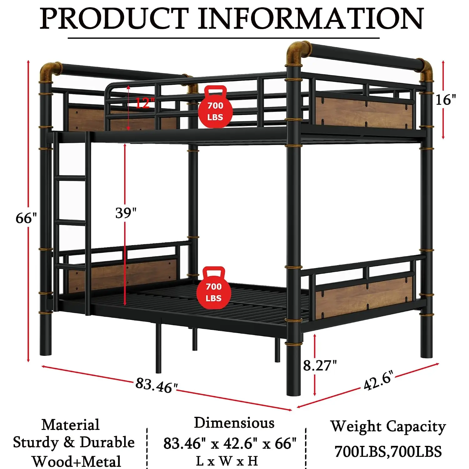 Heavy Duty Metal Twin XL Over Twin XL Bunk Bed for Kids and Adults | with 12