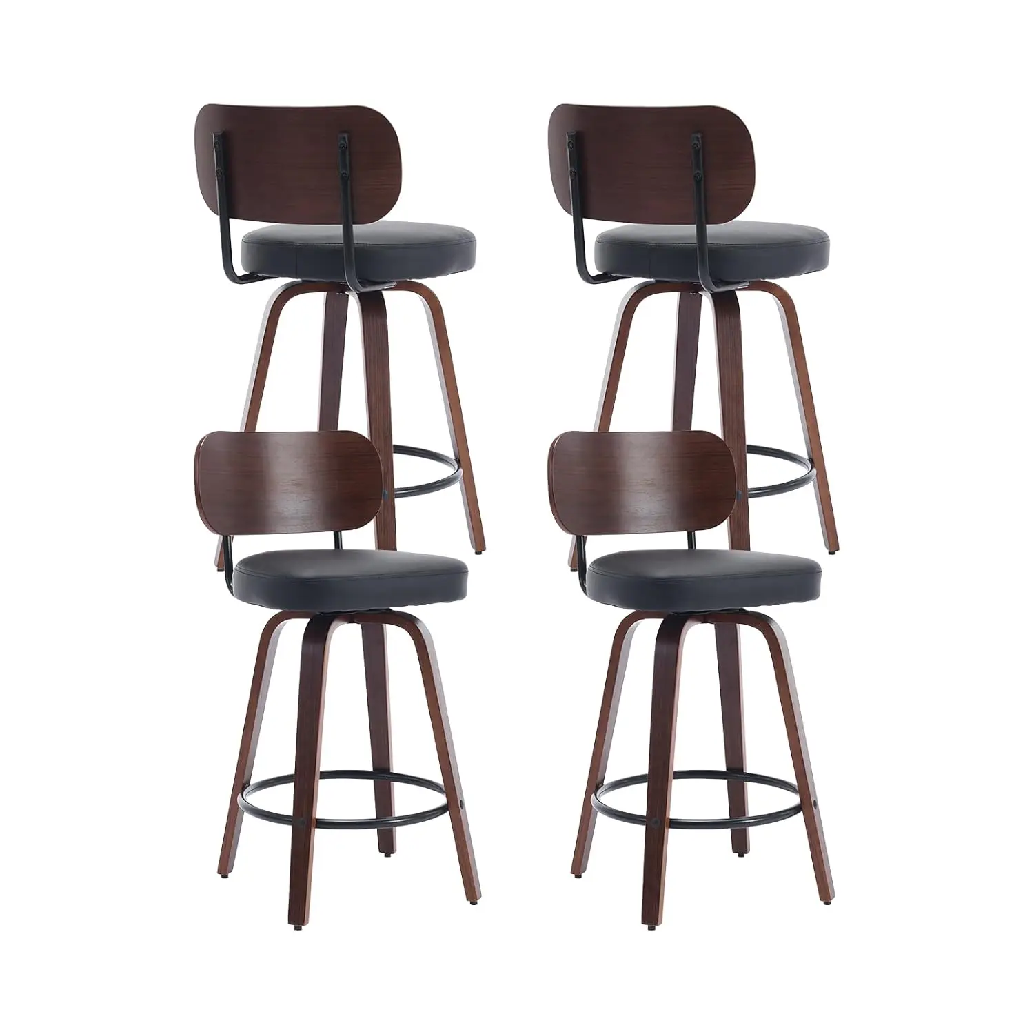 

Набор из 4 барных стульев, 26 дюймов, вращающиеся, с высотой под столешницу, спинка из орехового дерева, обивка из искусственной кожи, гнутоламинат, на заказ