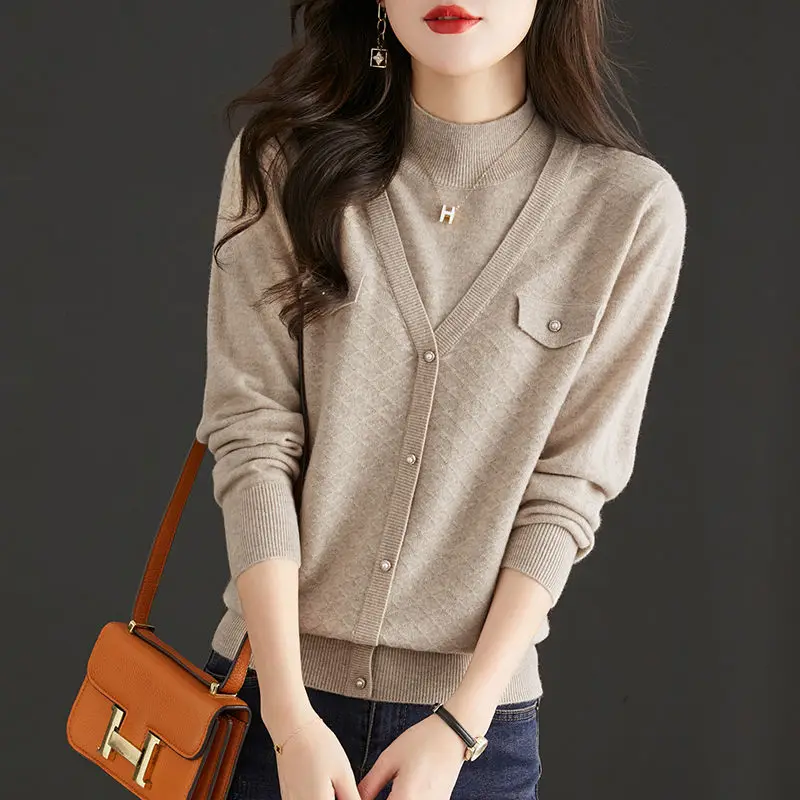 Women Korean Fashion Half High Collar Patchwork Elegant Knitted Sweater Retro Chic Soft Knitwear Solid Long Sleeve Pullover Tops