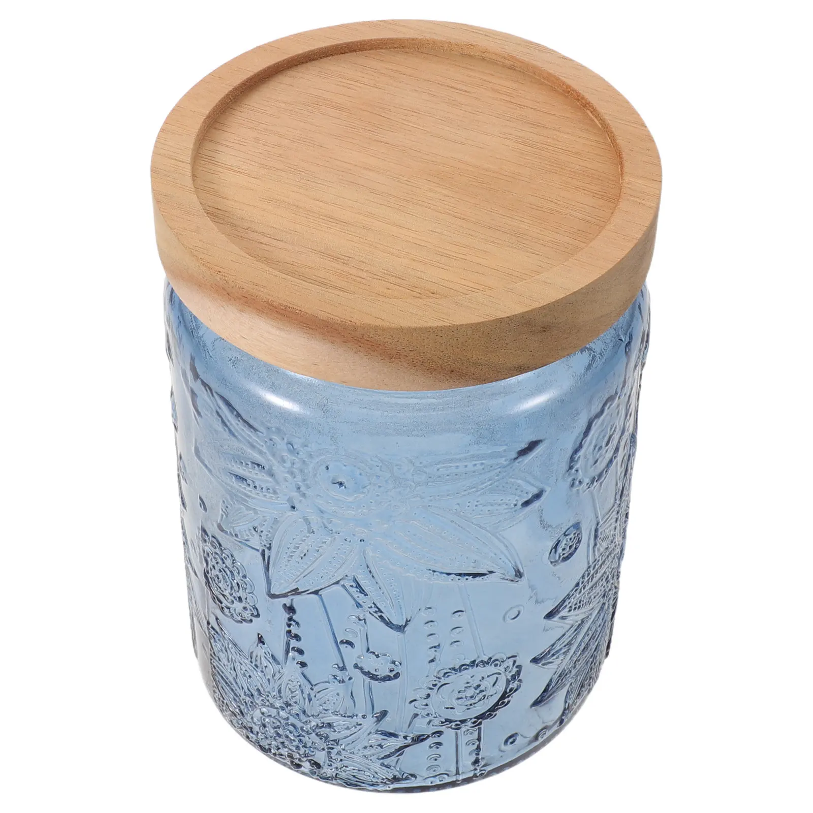 1Pcs Vintage Embossed Glass Jar Wood Lid Airtight Storage Container Sugar Coffee Tea Cookie Holder Embossed Glass Jar