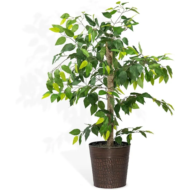 Artificial Ficus Tree with Real-Wood Trunk & Copper Metal Pot - Indoor and Outdoor Faux Plants for Patio, Living Rooms,