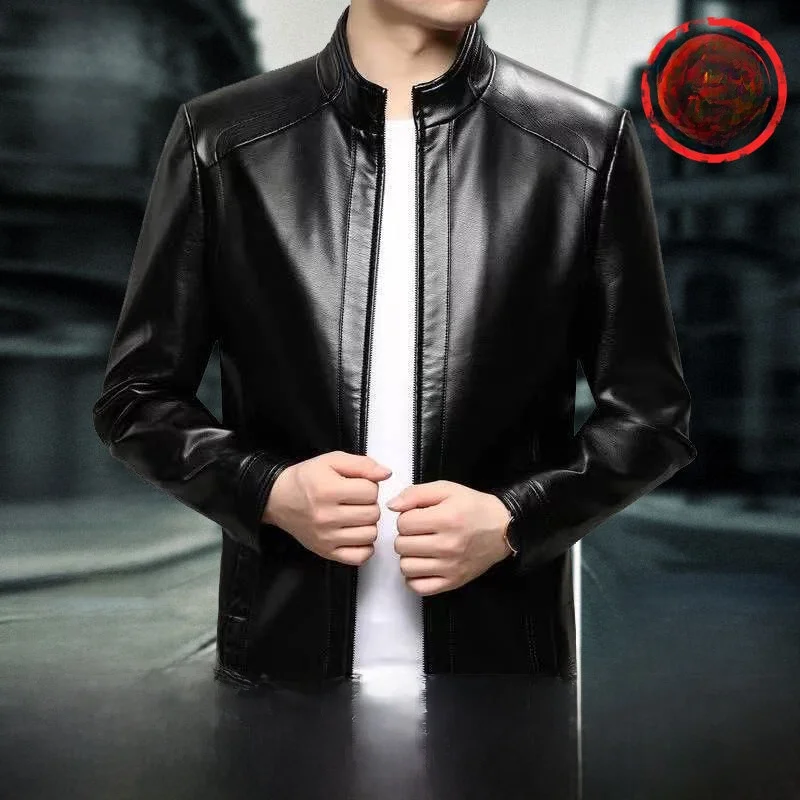 

Кожаная куртка-жакет, повседневная, свободного кроя, с воротником-стойкой, для осени и зимы, для мужчин среднего возраста, деловой повседневный стиль