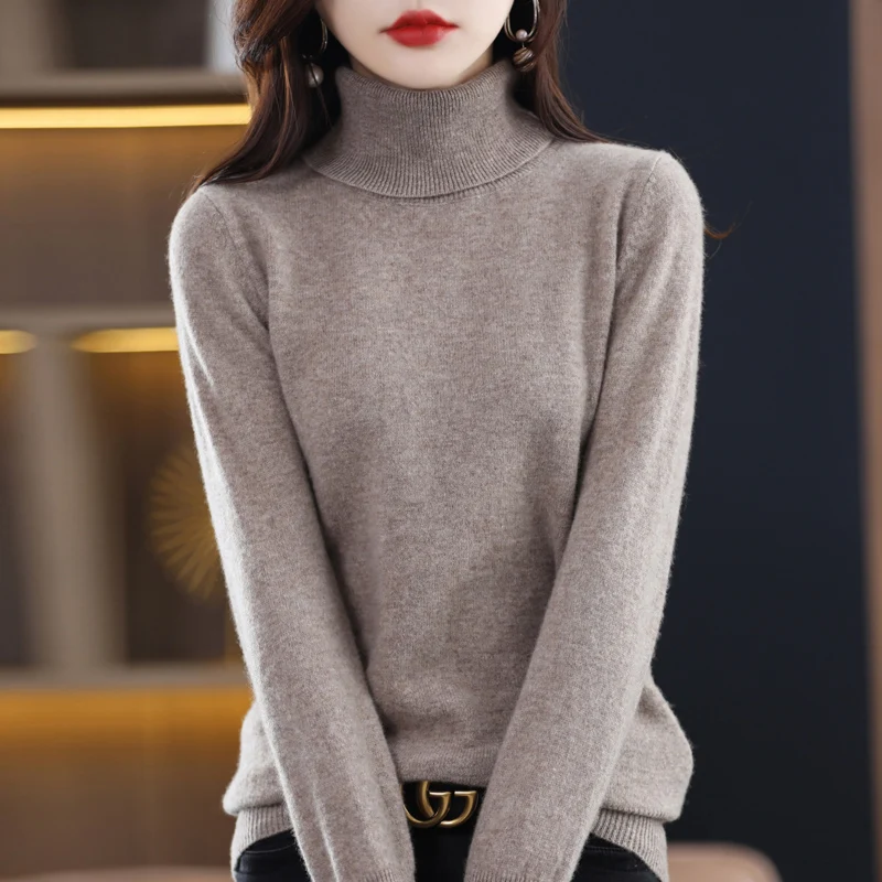 New 100% authentic sweater female turtleneck loose high-end atmosphere plus size sweater solid color knitted bottoming shirt.