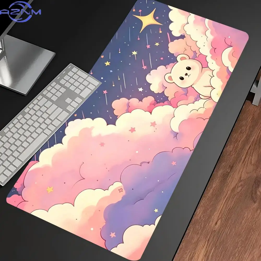 Pastel Cloud Star Cartoon Animal Gaming Mouse Pad Non Slip Rubber Stitched Edge Keyboard Mat For Laptop Office Desktop Setup