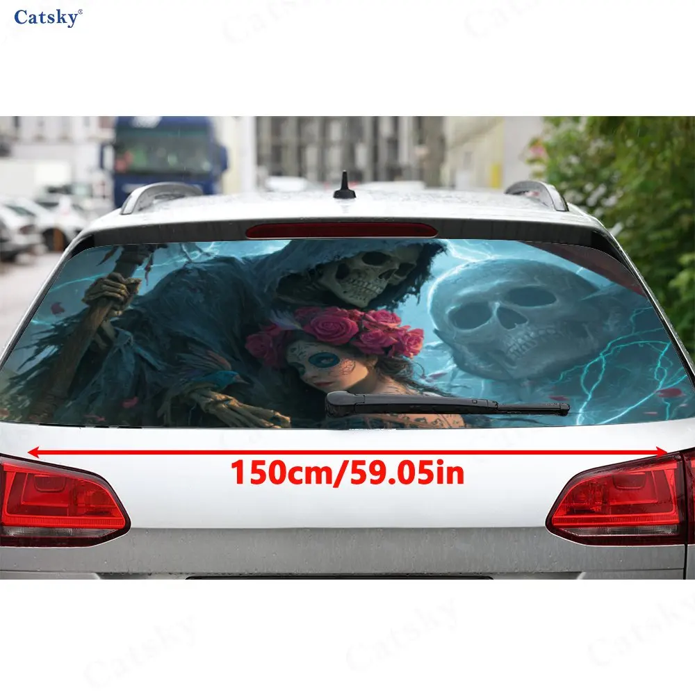 Rose Skull Couple Lightning PVC Perforated Car Vinyl Wrap, Durable Car Rear Windshield Sticker, Waterproof Car Rear Window Decal