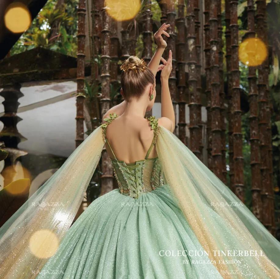 Vestido de quinceañera de princesa verde menta con capa, cristal brillante, Floral, vestidos de cumpleaños con cordones