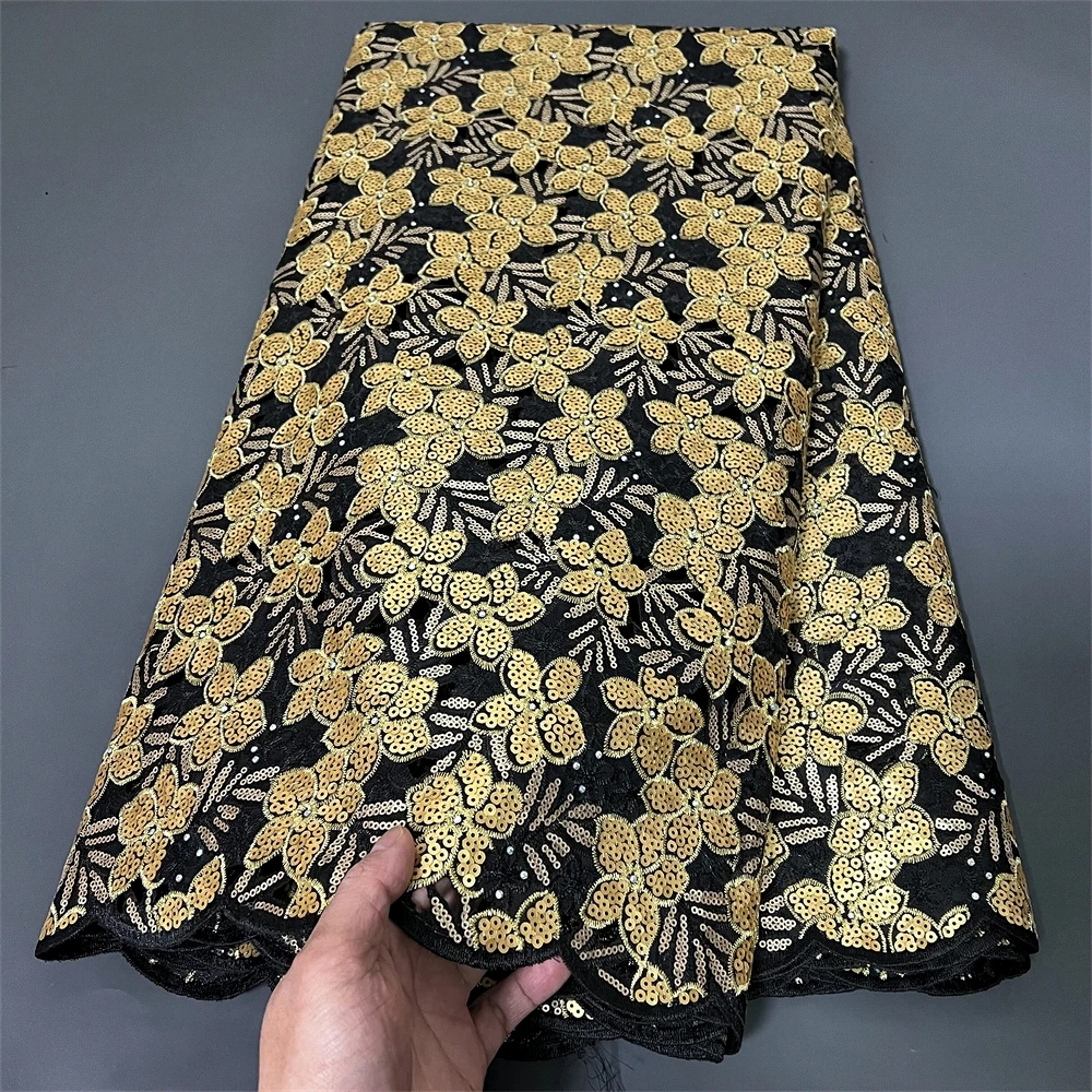 

2025 High Quality African Nigerian Tulle With Sequins Embroidery Sewing Lace Fabric Beads Stone Prom Dresses 5Yards PS0027