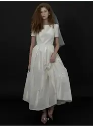 OLOEY Simple A Line Taffeta Wedding Dresses Korea Photoshoot Short Sleeves Bateau Neck Ankle Length Bridal Gowns Formal Party
