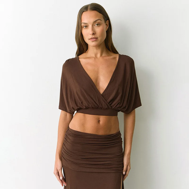 Cross Ruched Summer T-shirts Fashion Sexy Women Solid Wrap V Neck Batwing Short Sleeve Casual Streetwear Crop Tops Clubwear Tees
