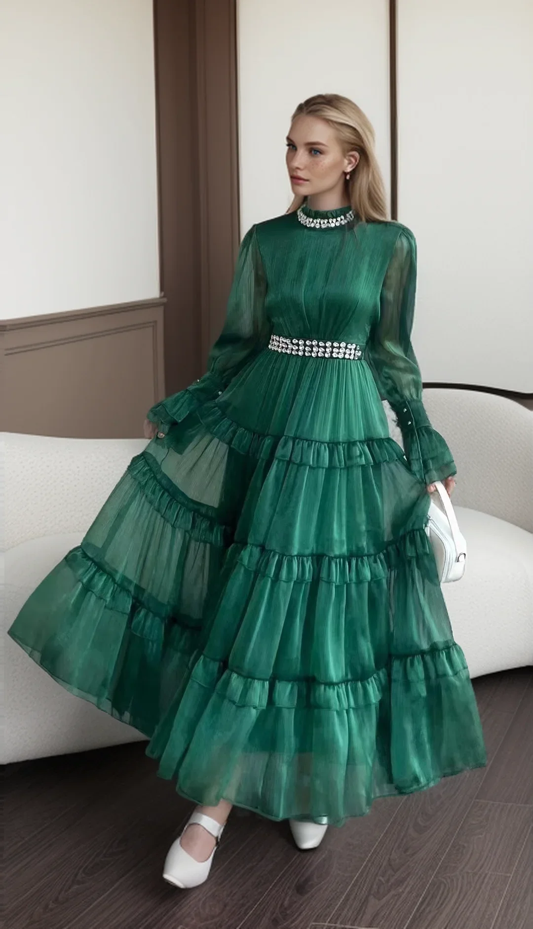 

SEQINYY Elegant Long Dress Spring Autumn New Fashion Design Women Runway High Street Beading Vintage Ruffles A-Line Party