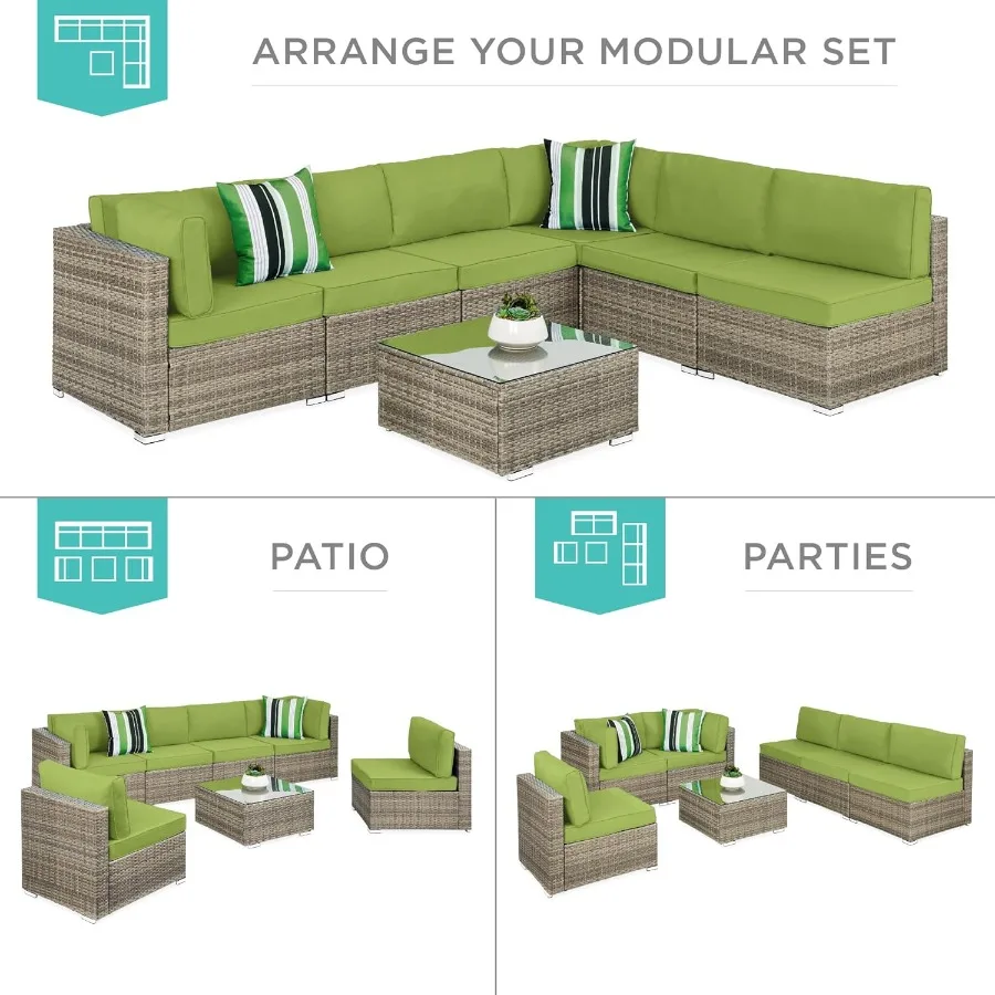7Piece Modular Outdoor Sectional Wicker Patio Conversation Set with 2 Pillows and Coffee Table Includes Protective Cover for Ga