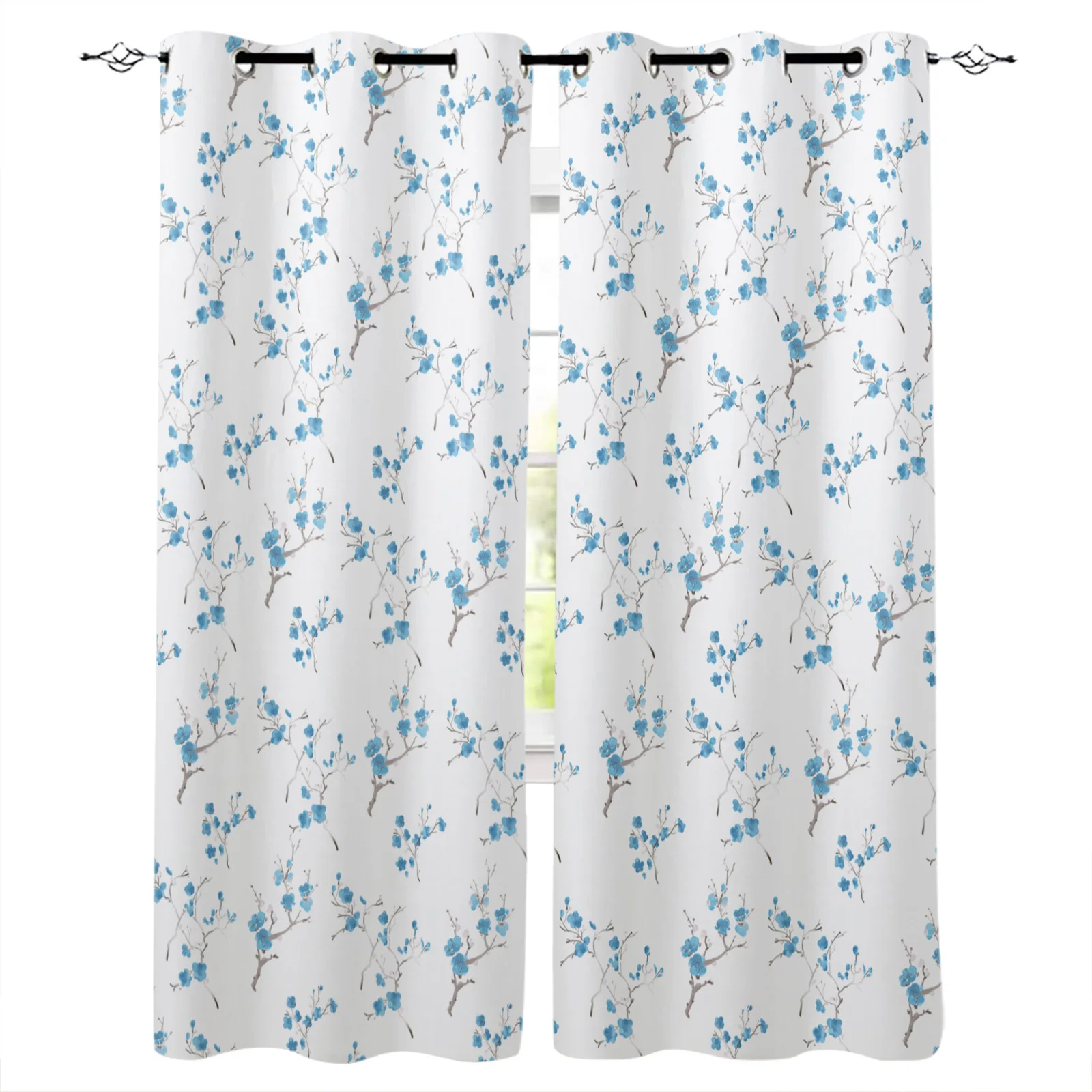 

Watercolor Flower Plant Blue Window Curtain Living Room Kitchen Curtain Panel Blackout Curtains For Bedroom