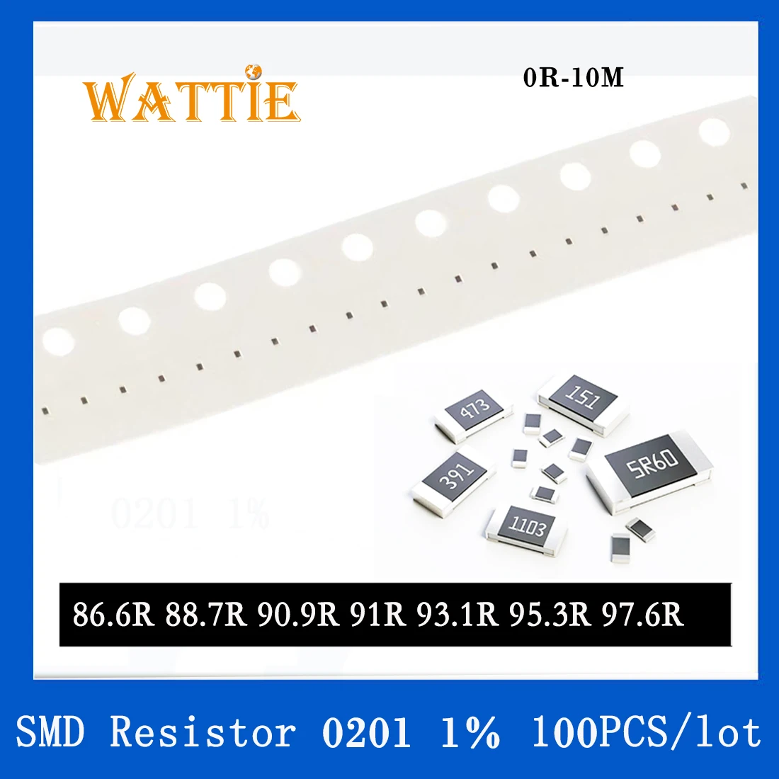 

SMD резистор 0201 1% 86.6R 88.7R 90.9R 91R 93.1R 95.3R 97.6R 100 шт./партия чиповые резисторы 1/20 Вт 0,6 мм * 0,3 мм