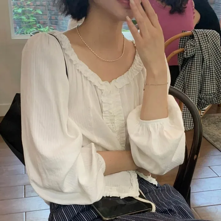 

Sweet Agel Lace Trim Single Button Bubble Sve irt Korean Sle Breathable Skin-Friendly Spring Autumn Winter Women's Top