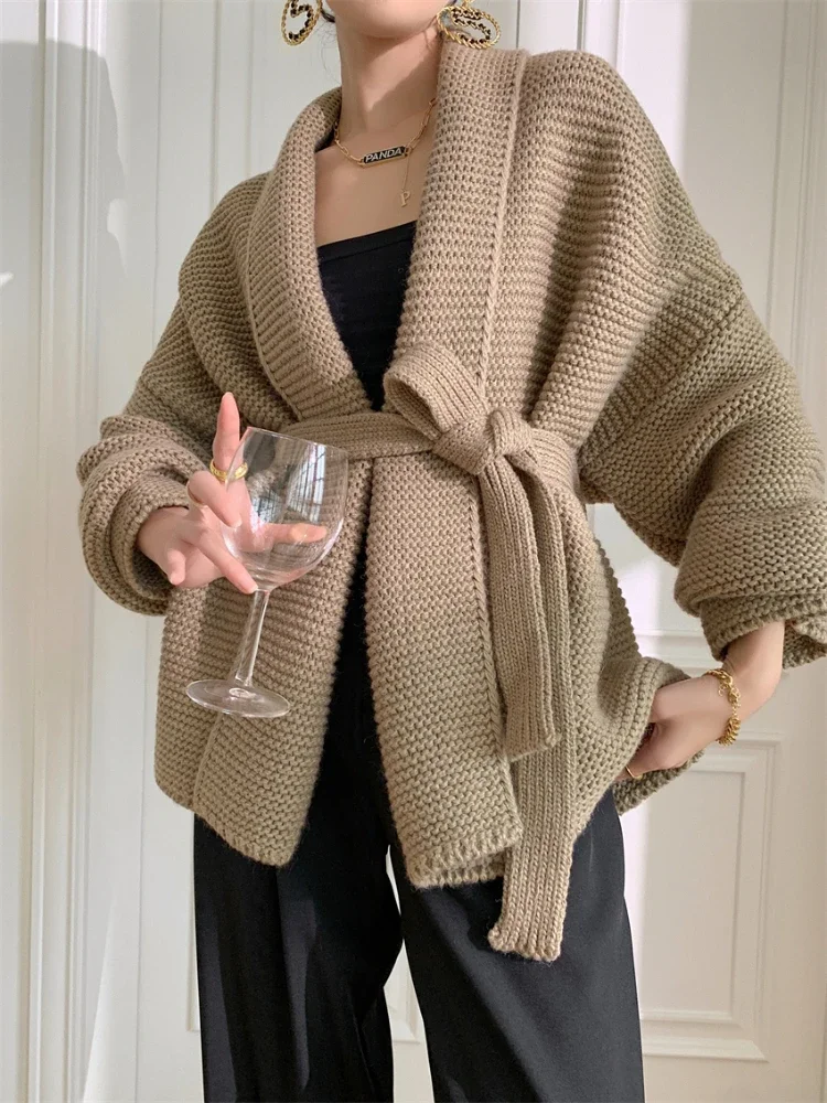 

Women's Thick Knitted Cardigan Lace-Up Belted Loose Fit Korean Style Autumn Winter White Nightgown Cardigan Lazy Fashion