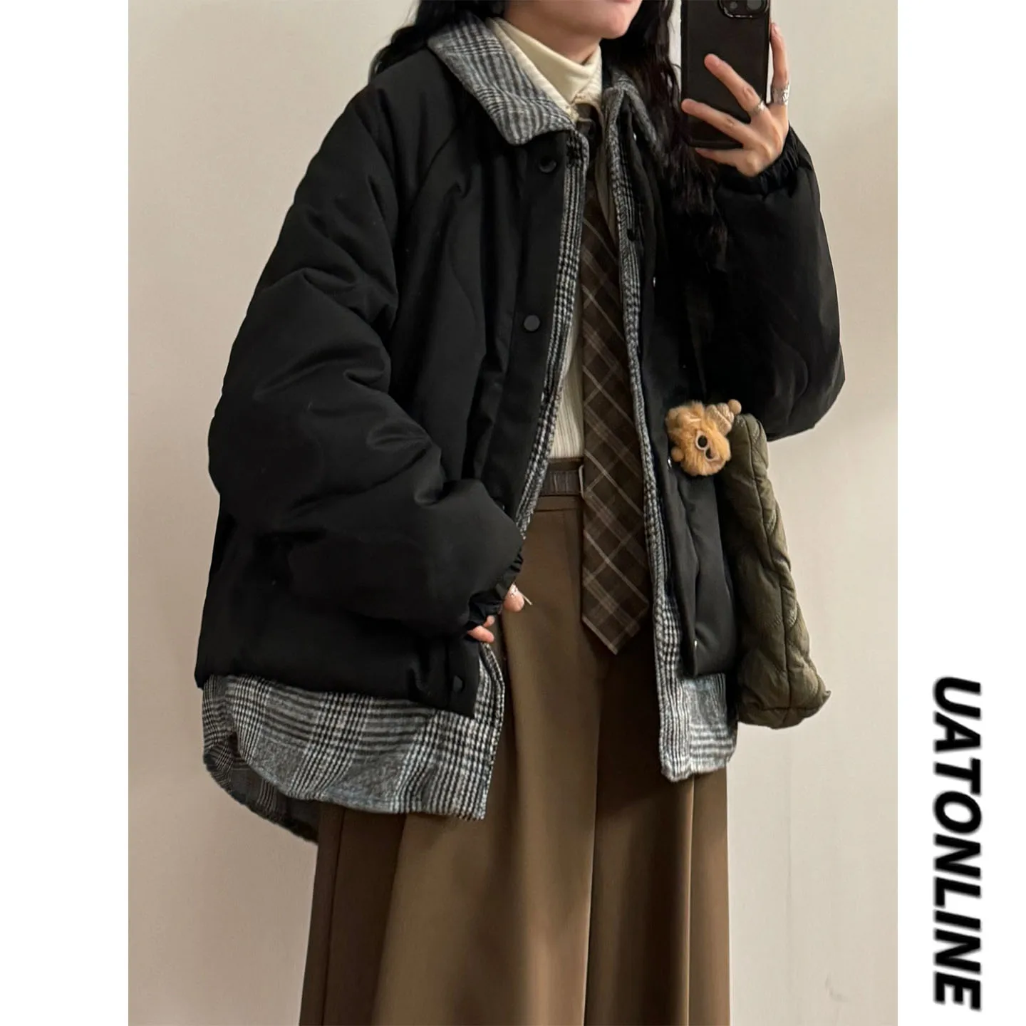 

UATONLINE Зимняя теплая куртка в американском ретро-стиле с клетчатым воротником, свободного кроя, с длинными рукавами, утепленная, в уличном стиле