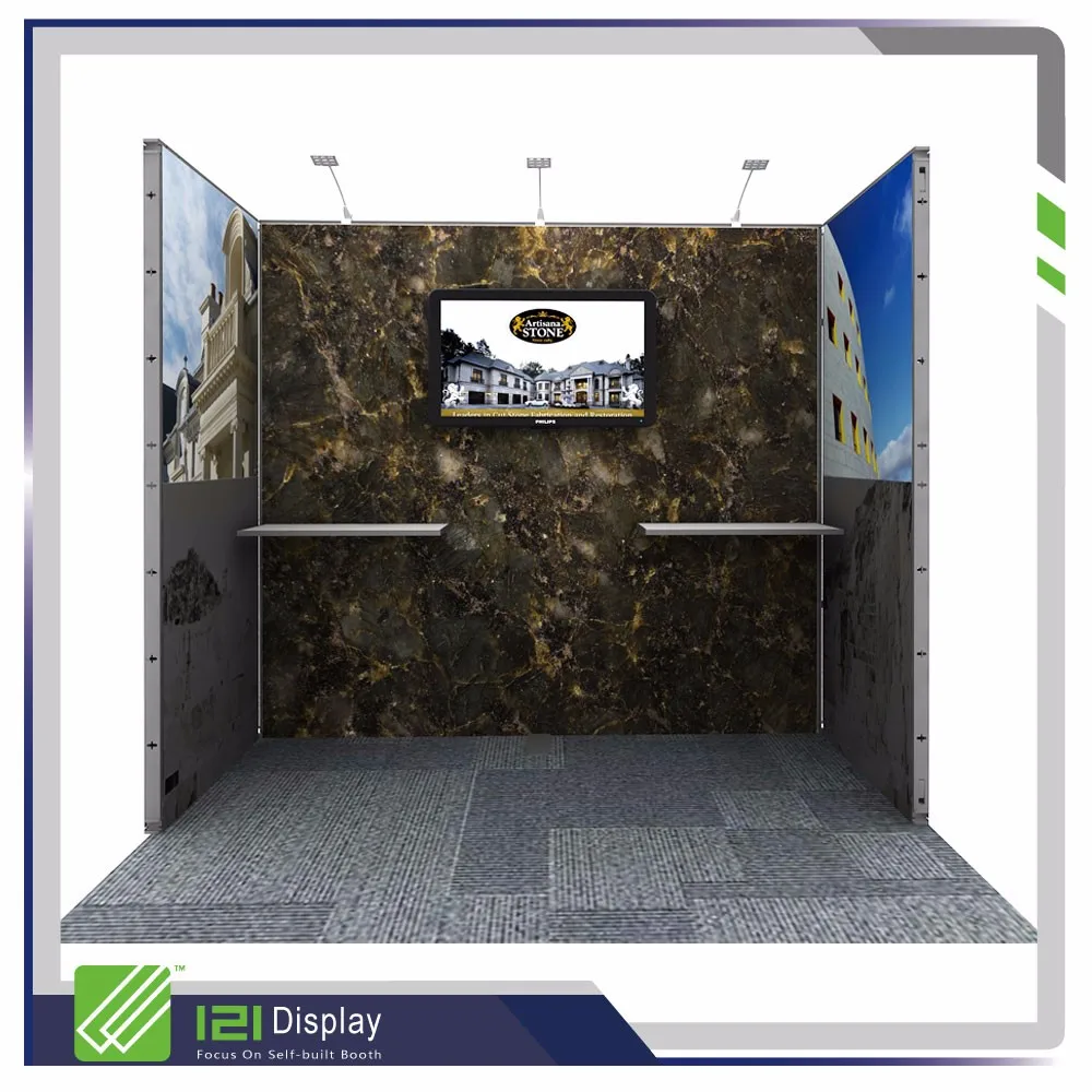 Cabine de exposição modular de tecido reutilizável com gráfico