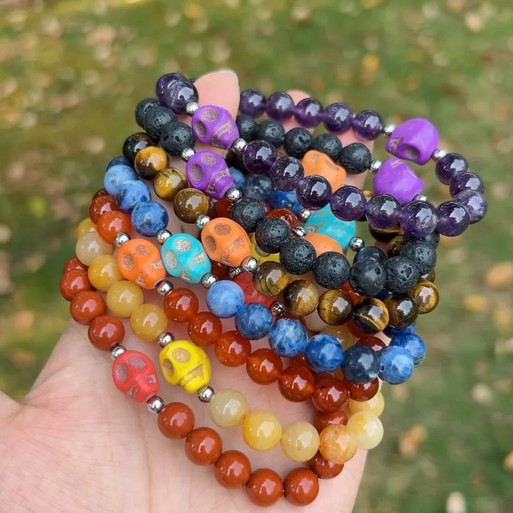 

7 Chakra Skull Beaded Bracelet, Mixed Natural Stone Lava Rock Bead Bracelets for Men Women
