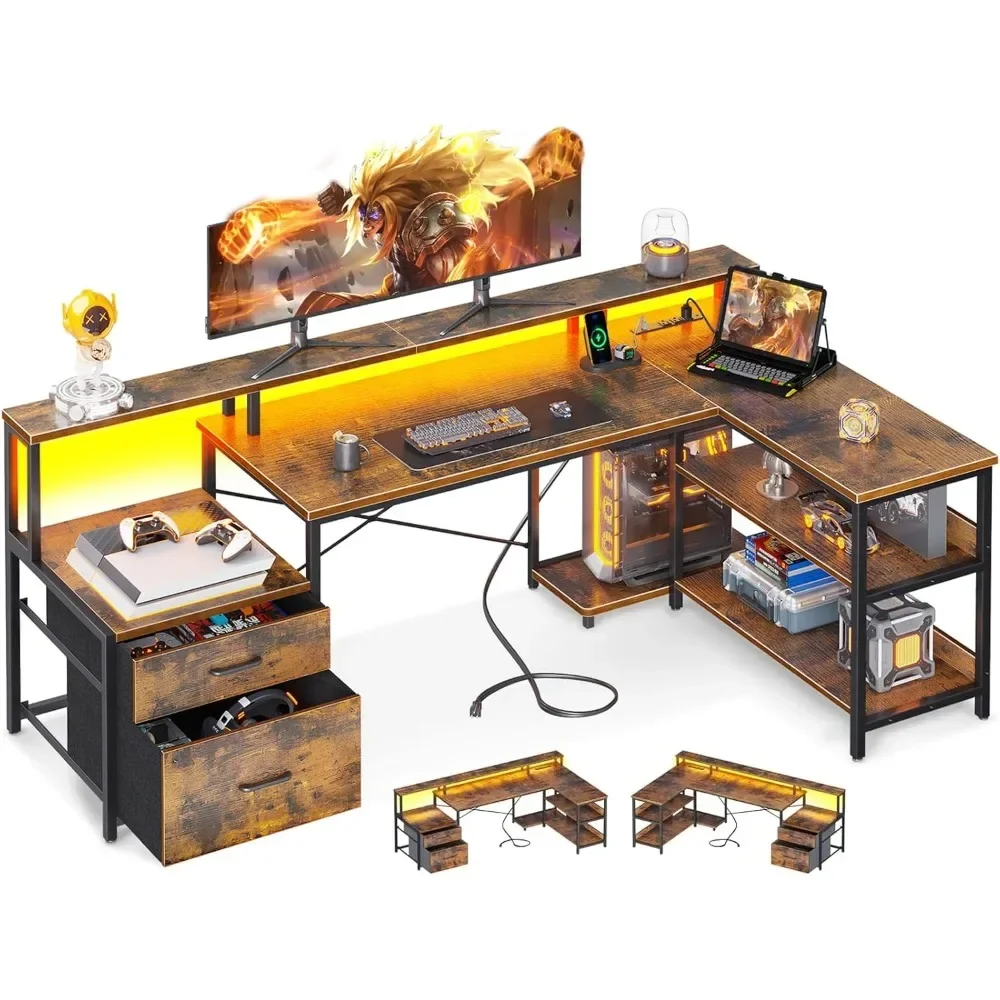 

L-shaped Computer Desk with Drawers, 66-inch Reversible L-shaped Computer Desk with Power Socket and LED Strip Light