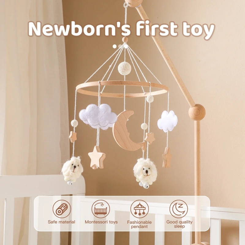 Baby Wooden 0-12 Months Bed Bell Cute Sheep Mobile Hanging Rattles Toy Hanger Crib Mobile Bed Bell Wood Holder Arm Bracket