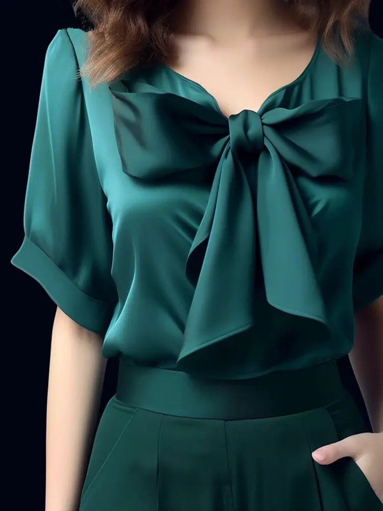 Shirts for Women Short-sleeved Temperament Bows Fashionable T-shirt Professional Slim Shirt Commuting 2025