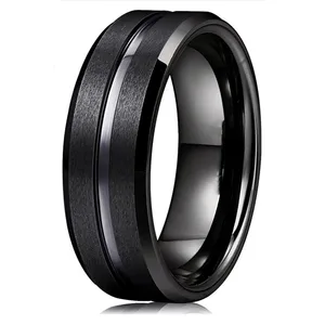 Fashion 8mm Cincin Cincin Kawin Tungsten Hitam Pria Cincin Pertunangan Tepi Miring Alur Hitam untuk Perhiasan Hadiah Valentine Pria 10 cincin bir penjualan terbaik - №