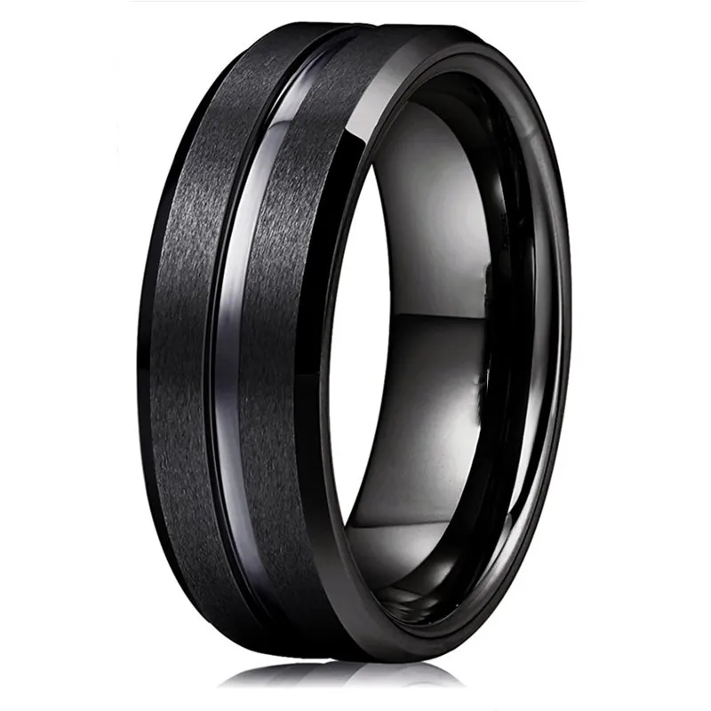 Moda 8mm męskie czarny z wolframem obrączka pierścienie czarny Groove fazowany krawędź pierścionek zaręczynowy dla męskiej prezenty walentynkowe biżuterii