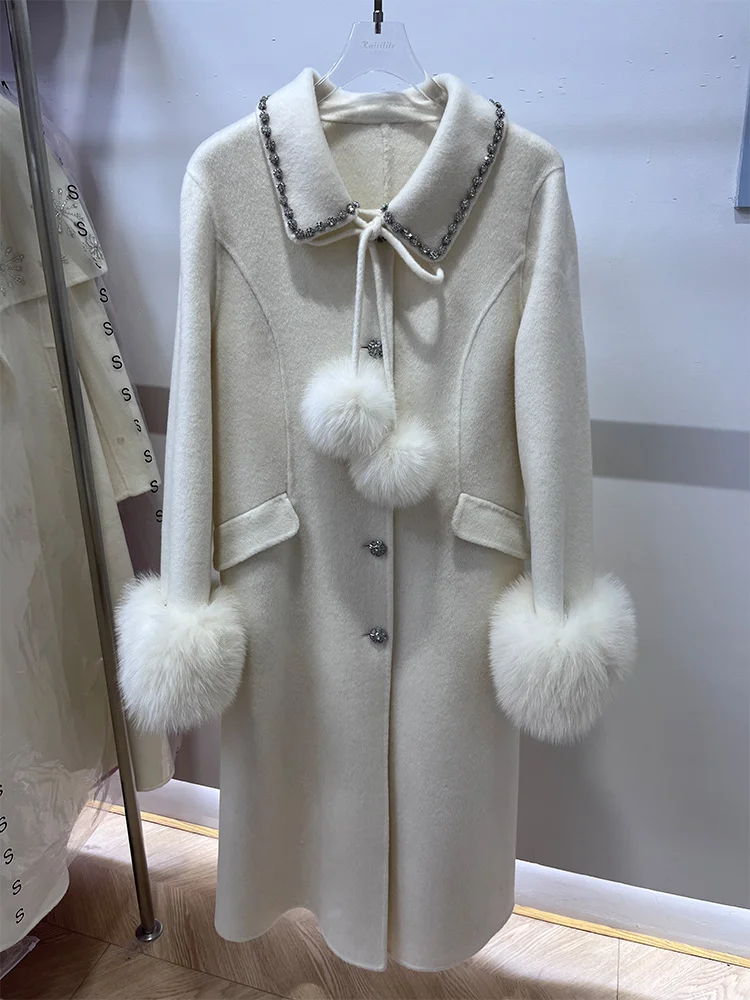 

2025 Winter Jacket Women Natural Fox Fur Collar Cuffs Cashmere Wool Woolen Ladies Cusual Outerwear Streetwear