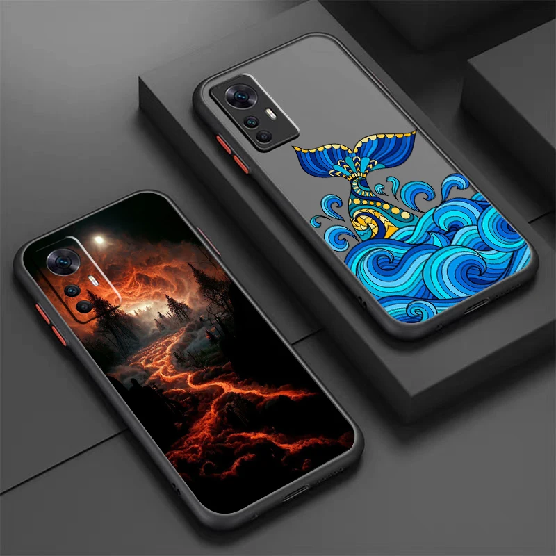 Artistic Waves Landscape Fish Frosted Translucent For Xiaomi Mi 13 12 12T 11T 11 11i 10T 10 9T Pro Lite Ultra 5G Phone Case