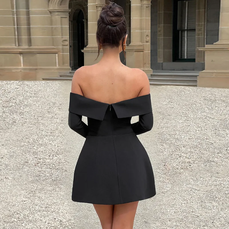 Elegant Off Shoulder Long Sleeve Short Dress For Women Sexy Strapless Backless A-line Club Party Mini Curvy Dresses Black White