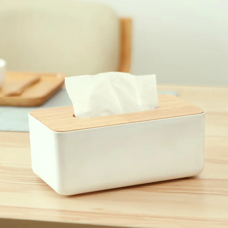 Plastic Tissue Box Wooden Lid Round/Square Napkin Holder Container Wet Tissue Paper Dispenser Case Modern Home Car Organizer