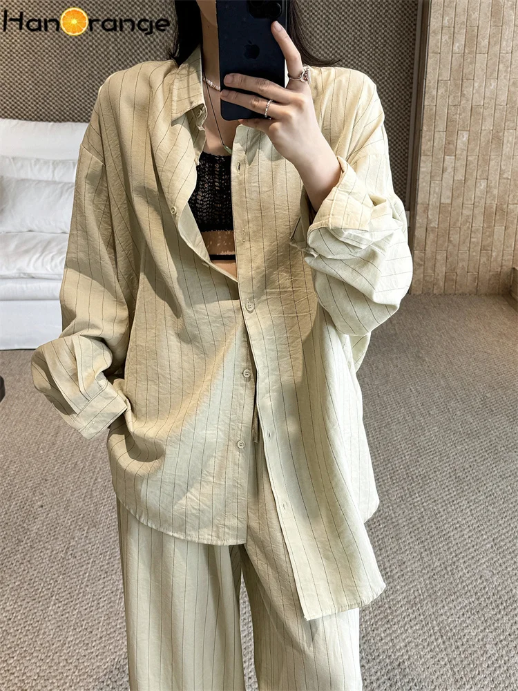 HanOrange 2026 Summer Linen Stripe Pants Set Women Loose Shirt + Trousers 2pcs Sets White/Green - view 2