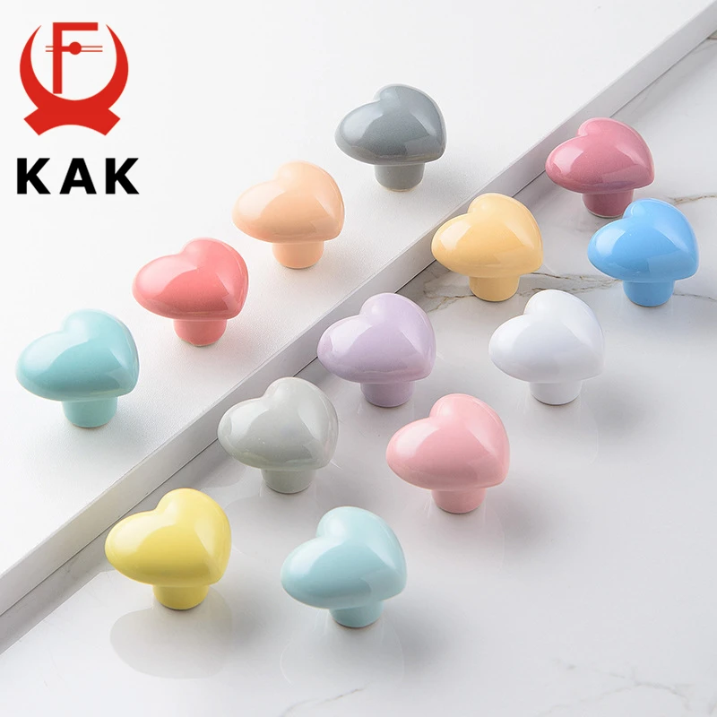 KAK Ceramic Cartoon Cabinet Knobs and Handles Colorful Heart Drawer Closet Handles Kids Room Furniture Handle Door Hardware