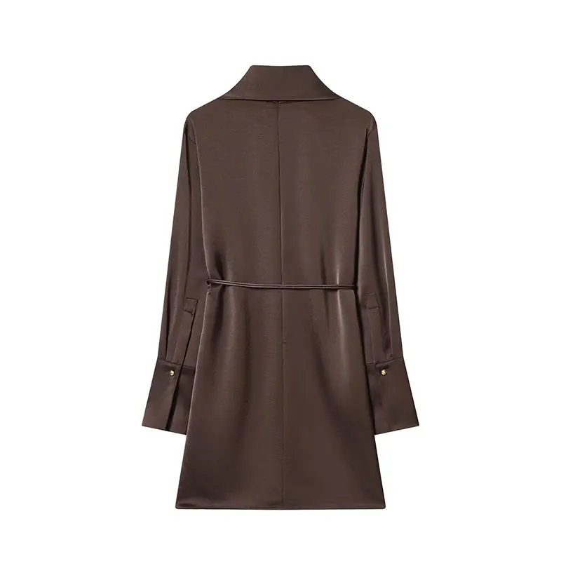 NLZGMSJ 2026 봄 파티 드레스 여성 긴 소매 스카프 칼라 미니 드레스 패션 섹시 새틴 브라운 벨트 드레스