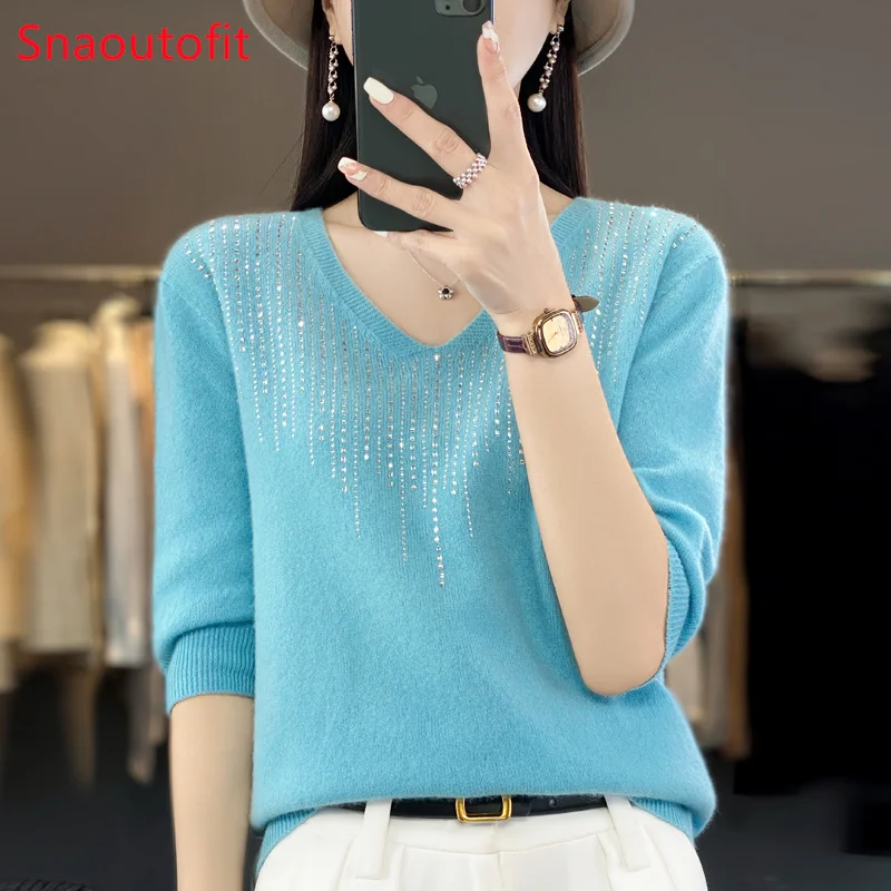 Spring and Summer O/V-neck Diamond Insert Merino Wool Knit Sweater Women\'s Chic Loose Jumper High Stretch Cashmere Pullover Tops