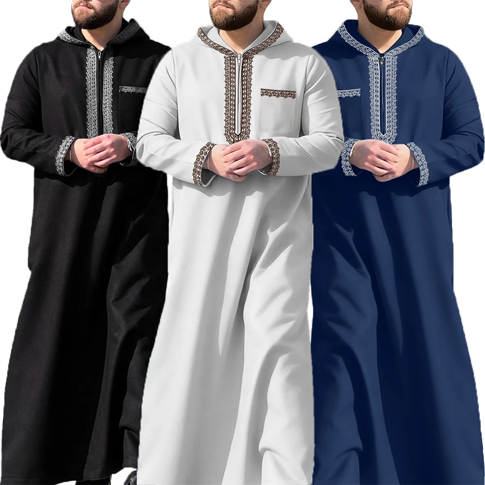 

Men's Loose Hooded Moroccan Clothing Robe Men Luxury Embroidered Long Sleeve Abaya Middle East Juba Tobe Muslim Traditional Robe