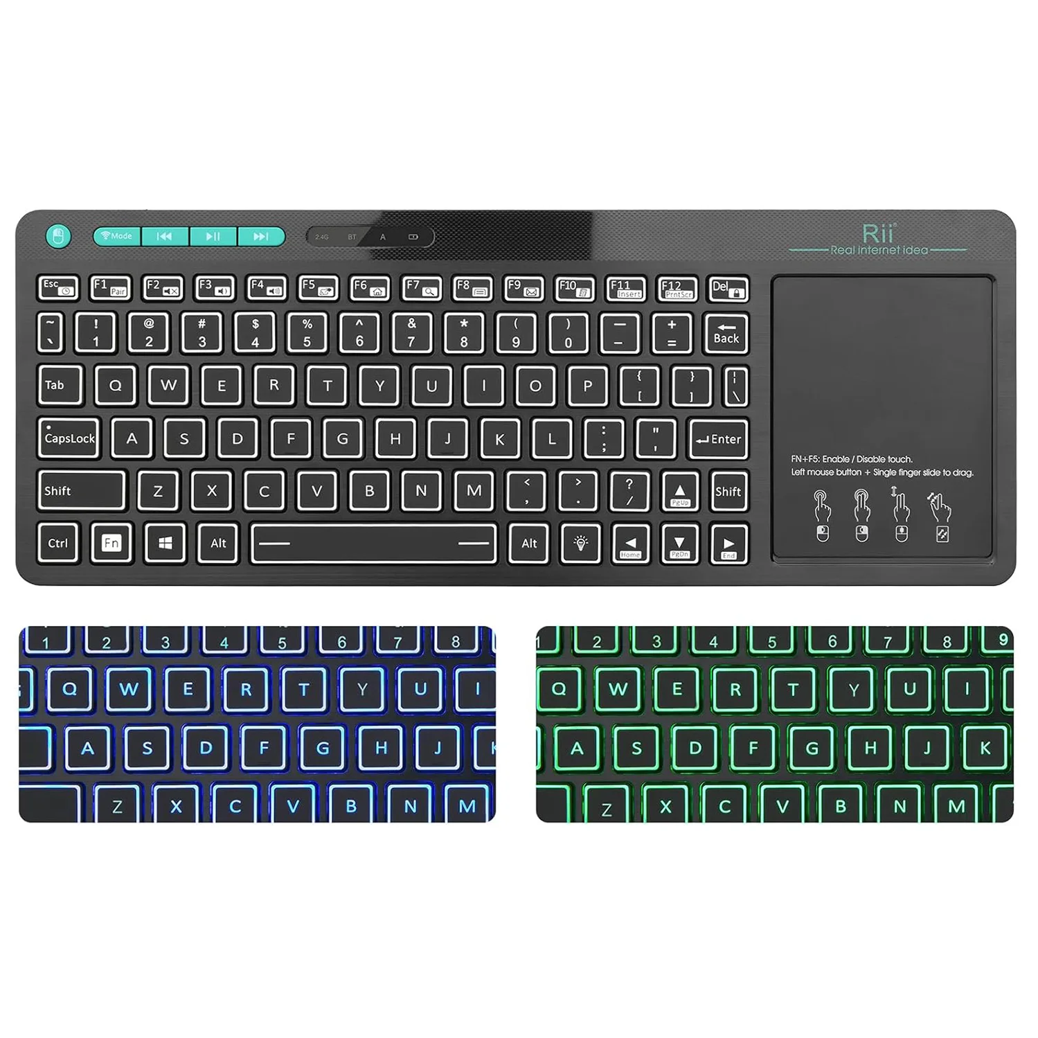 Rii K18S Mini Bluetooth Wireless 2-LED Color Backlit Multimedia Keyboard Mouse Rechargable Keyboard For Android TV Box /PC