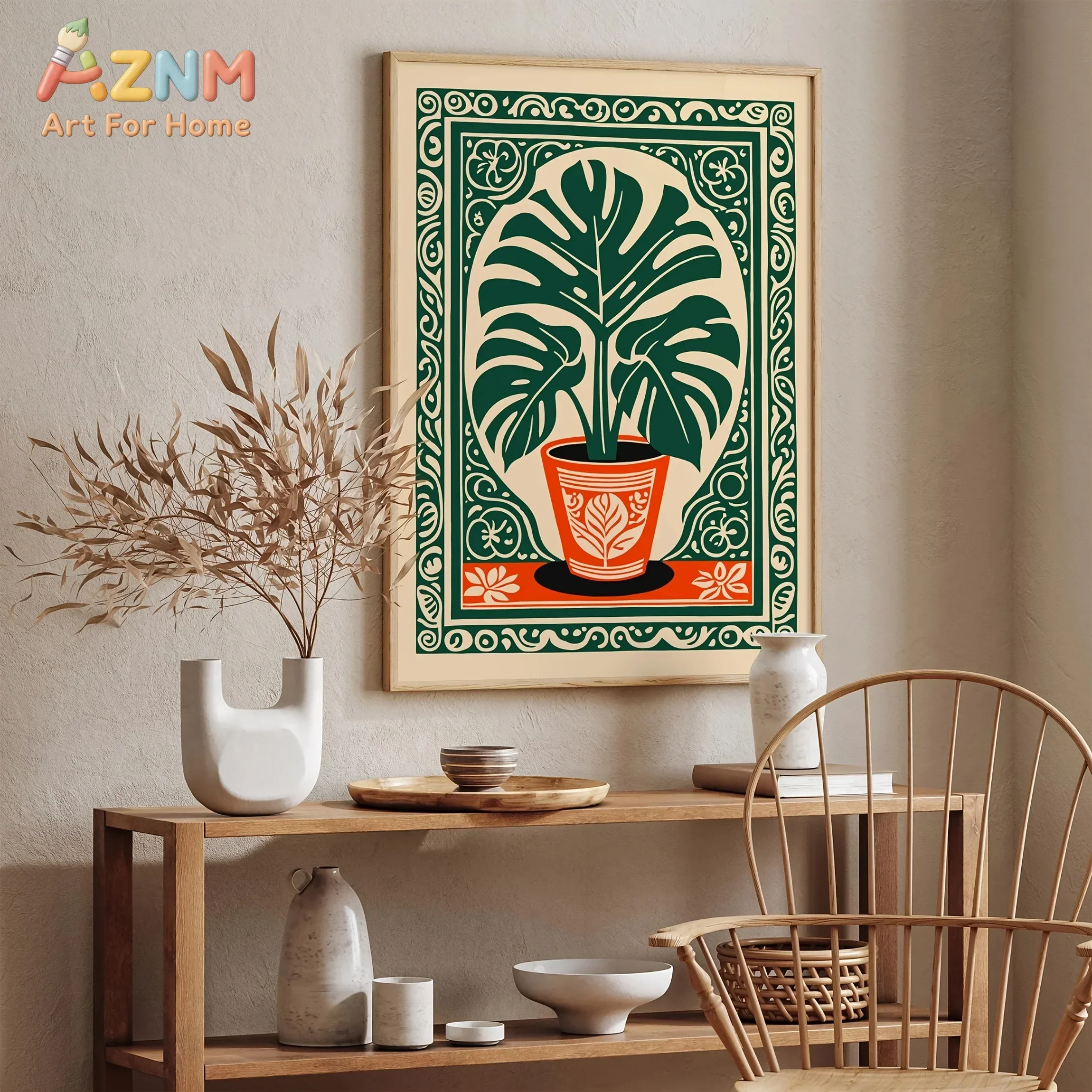 AZNM Monstera Plant Canvas Wall Art Retro Linocut Botanical Print Poster Green Orange Boho Tropical Plant Home Decor Unframed