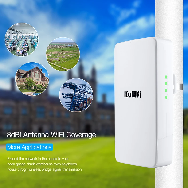 KuWFi-Routeur et amplificateur de signal WiFi extérieur, pont sans fil, répéteur, 300Mbps, 2.4G, augmente la portée, point à point, 1km