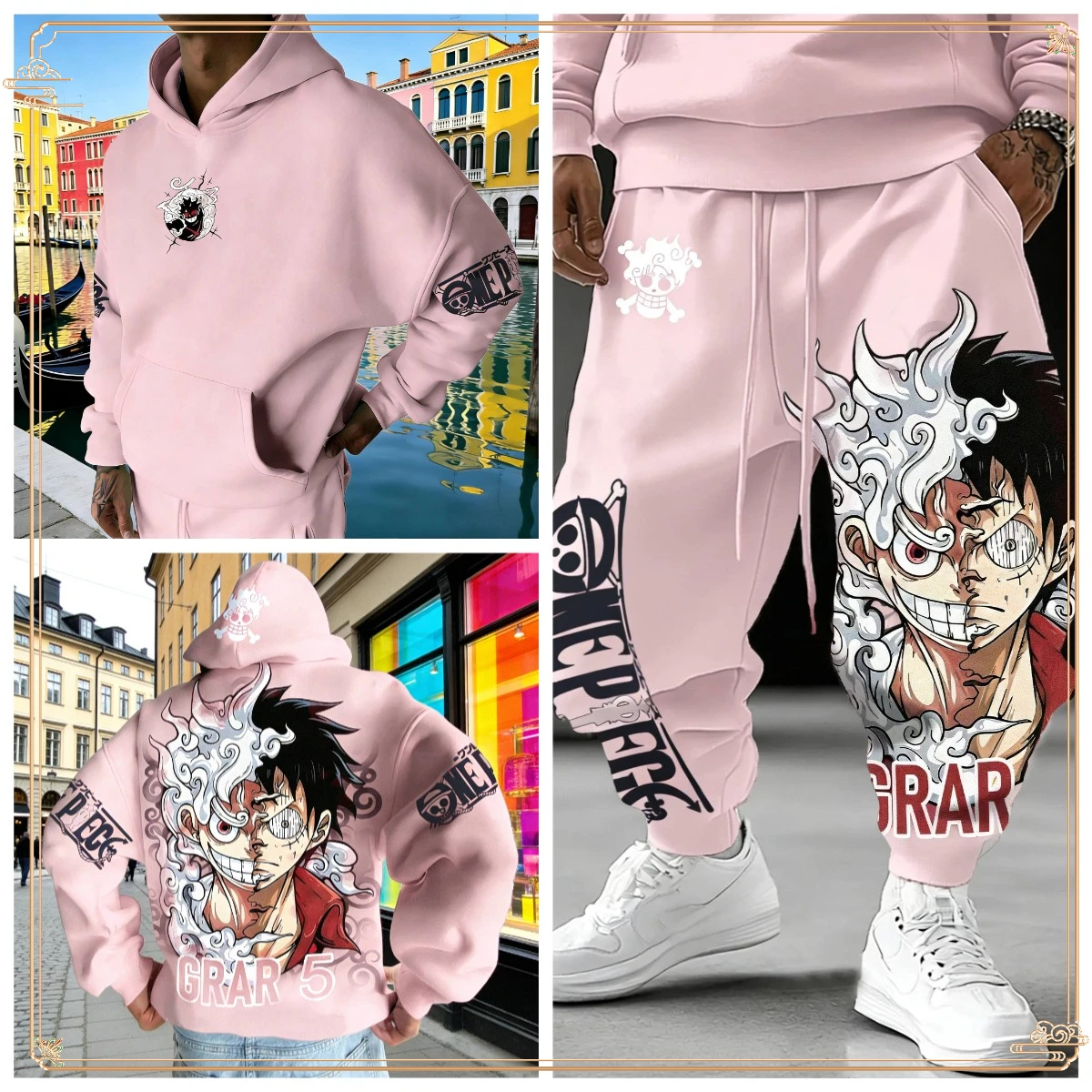

One Piece Anime Hoodie Pants Set Pink Two Piece Casual Cotton Tracksuit for Men Luffy Character Print on Hoodie Back and Pants