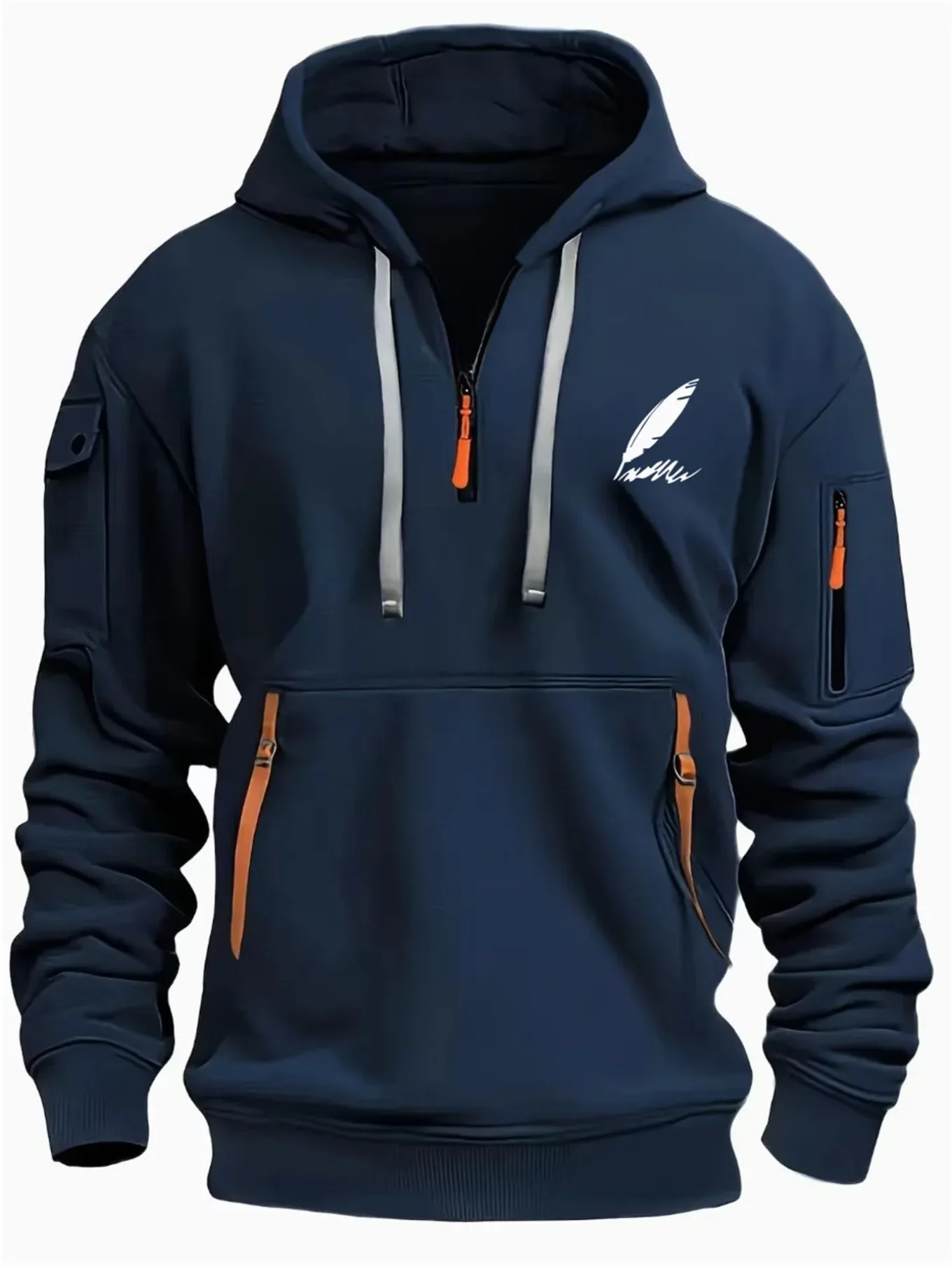 Multi pocket zipper long sleeved men's and women's spring and autumn hoodies feather pattern printed warm and comfortable fabric