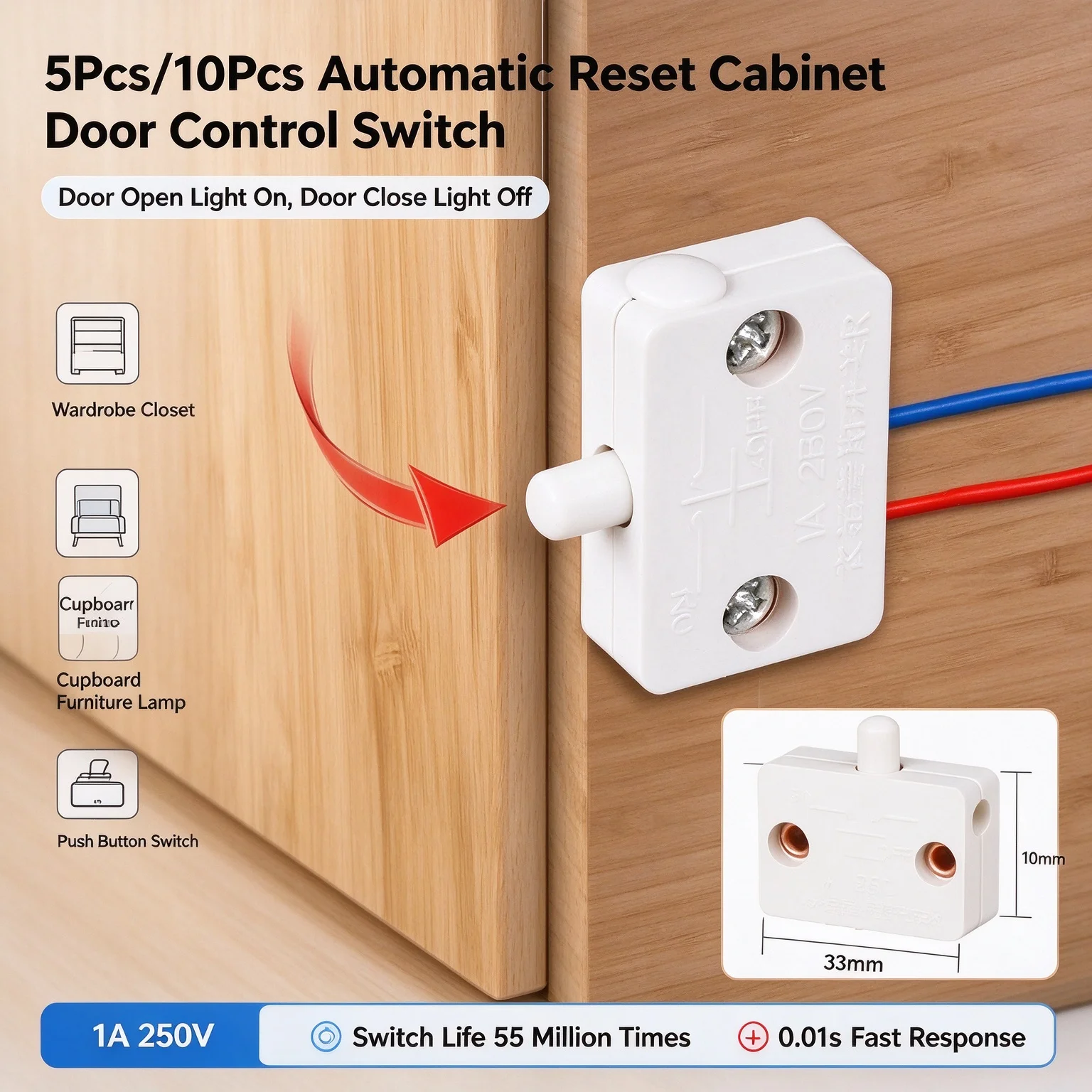5Pcs/10Pcs Automatic Reset Cabinet Door Control Switch, Wardrobe Closet Light Switch, Home Cupboard Furniture Lamp Push Button S