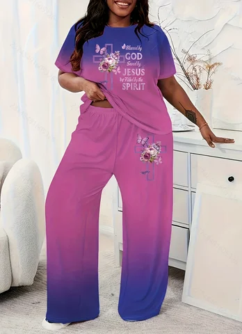 Plus size casual short-sleeve and long-pants women's set, featuring gradient color loose short sleeve and long-pants set with i