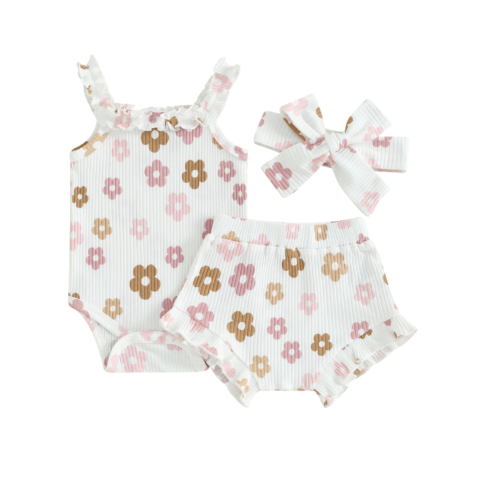 

Baby Girls Shorts Set Flower Print Sleeveless Romper with Shorts and Hairband Summer Outfit