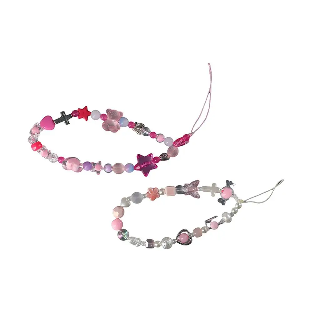 Kawaii Sweet Cool Y2k Phone Lanyard Pink Pearl Heart Star Cool Girl Phone Chain Bear Buttfly Style Cellphone Strap Female