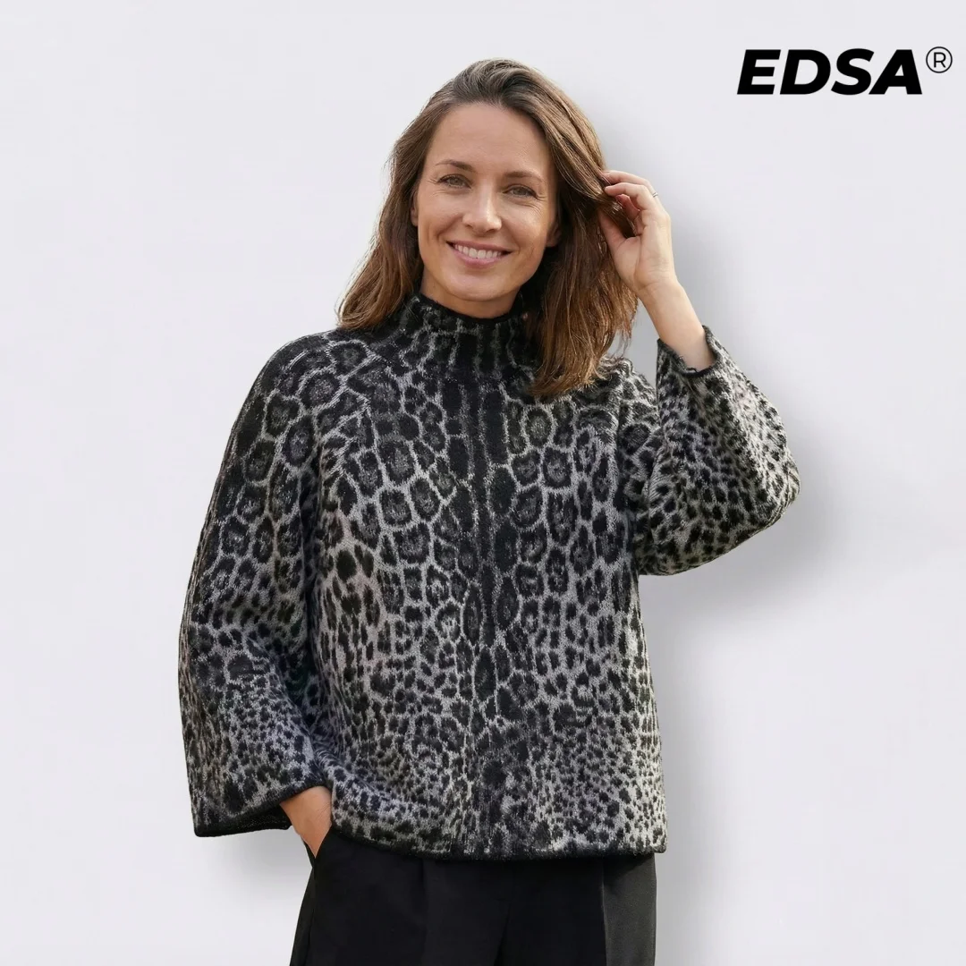 

EDSA Women Leopard O-Neck Knitted Pullover Long Wide Sleeves Spring Autumn High Street Sweater Tops